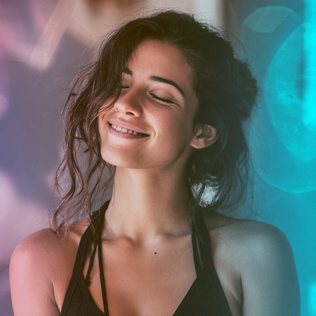 Homem português de meia-idade sorrindo durante sessão de meditação em jardim com clima húmido, expressão serena e relaxada