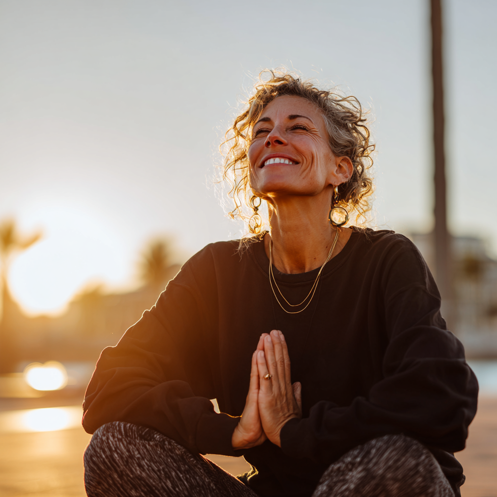 Grupo diverso de portugueses adultos sorrindo após aula de yoga ao ar livre, diferentes idades, expressões de satisfação e bem-estar